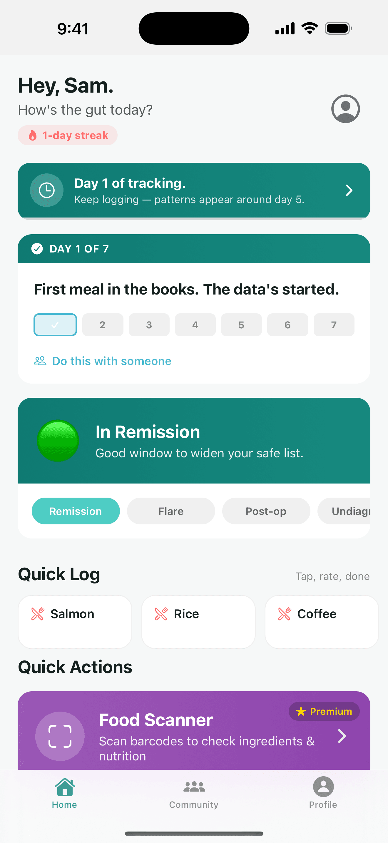 Home screen greeting 'Hey, Sam.' with a 1-day streak, the Day 1 of 7 challenge card, an In Remission status card, and Quick Log chips for recent meals.