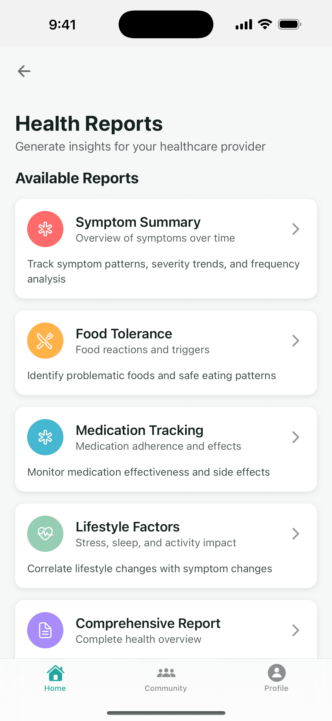 Health Reports screen listing Symptom Summary, Food Tolerance, Medication Tracking and Lifestyle Factors reports.